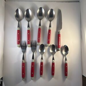 10 Red Riveted Plastic Handle Stainless Flatware Spoons Forks Knife